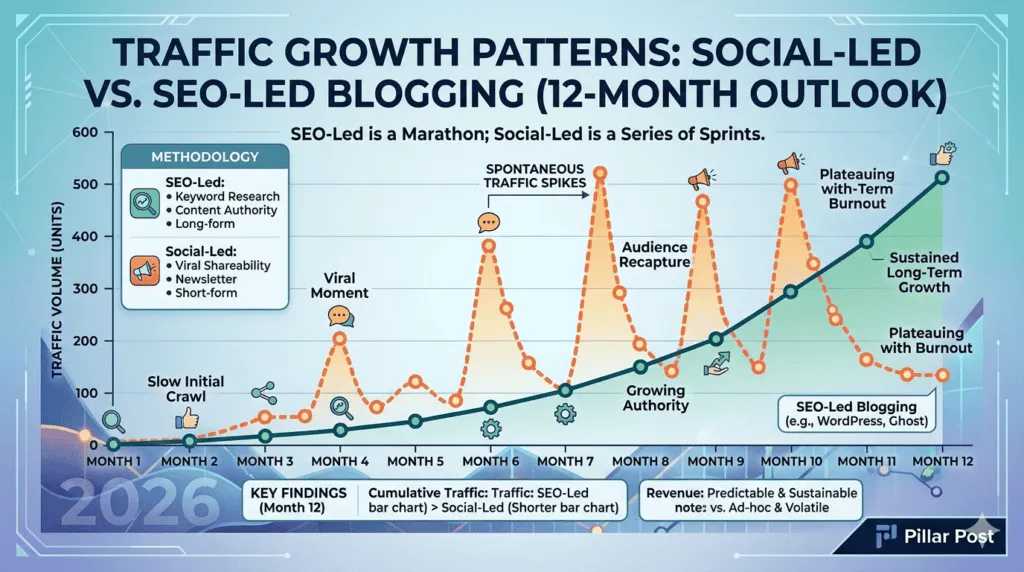 Social-led vs SEO-led blogging traffic growth patterns over 12 months. SEO is a marathon; social is sprints.