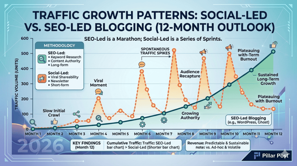 Social-led vs SEO-led blogging traffic growth patterns over 12 months. SEO is a marathon; social is sprints. Social-led vs SEO-led blogging traffic growth patterns over 12 months. SEO is a marathon; social is sprints.