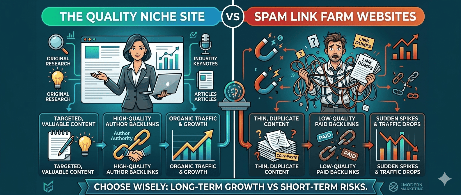 Quality niche site vs. spam link farm websites: long-term growth vs. short-term risks.