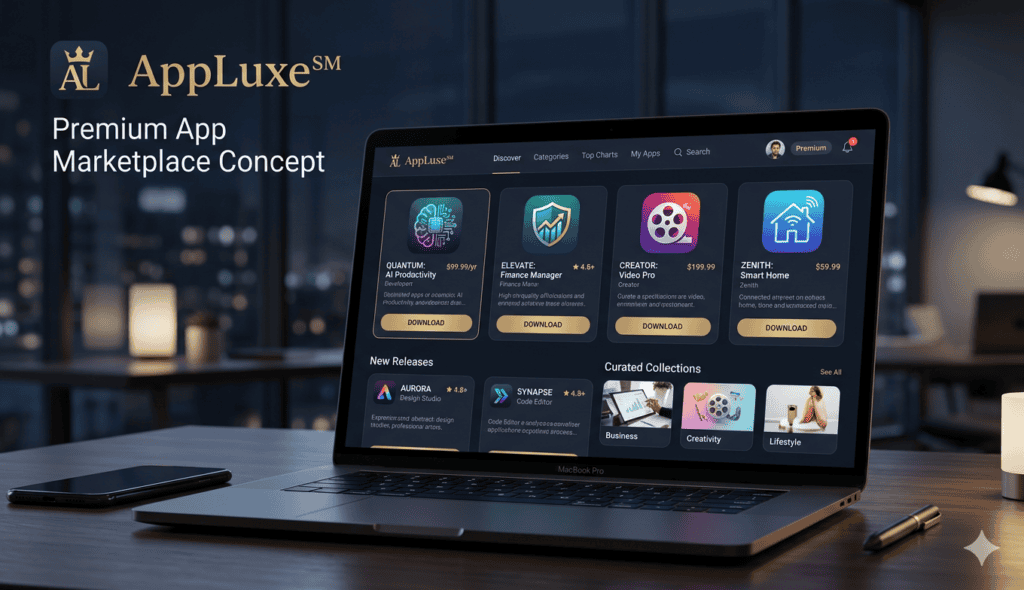 AppLuxe Premium App Marketplace Concept on a laptop display showing app listings and curated collections.