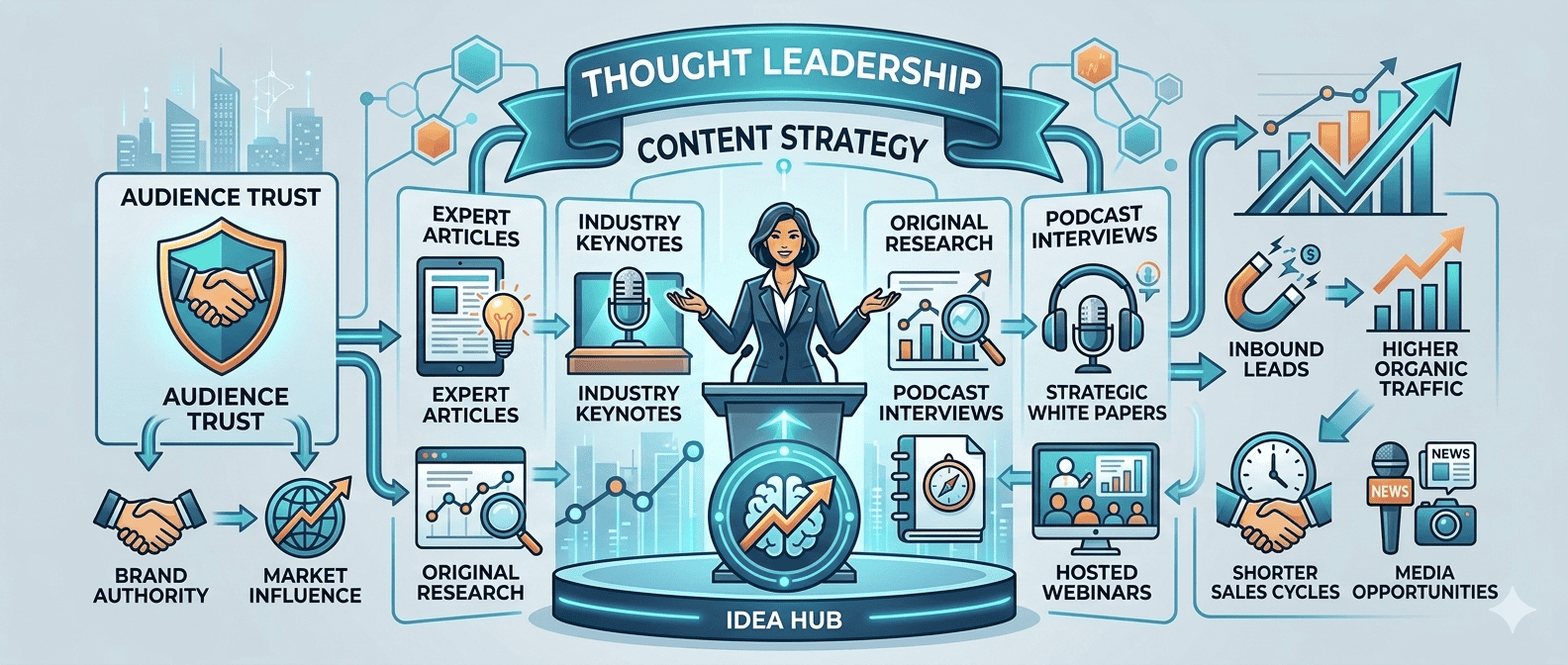 Thought leadership content strategy infographic explaining audience trust, market influence, and lead generation.