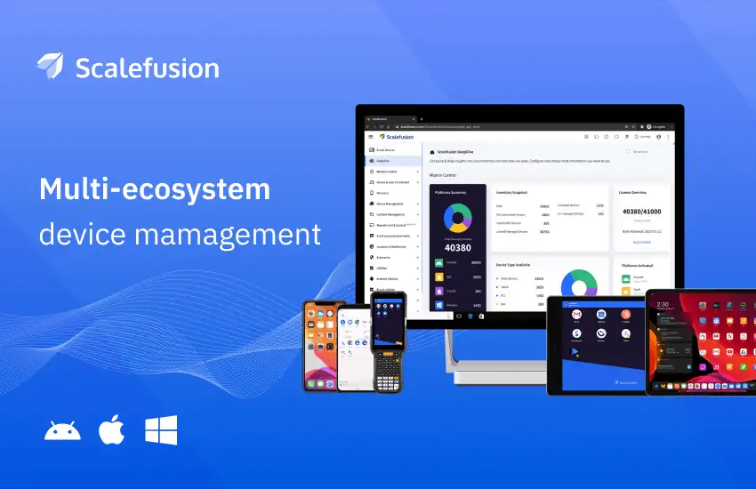 Scalefusion multi-ecosystem device management across Android, Apple, and Windows platforms.