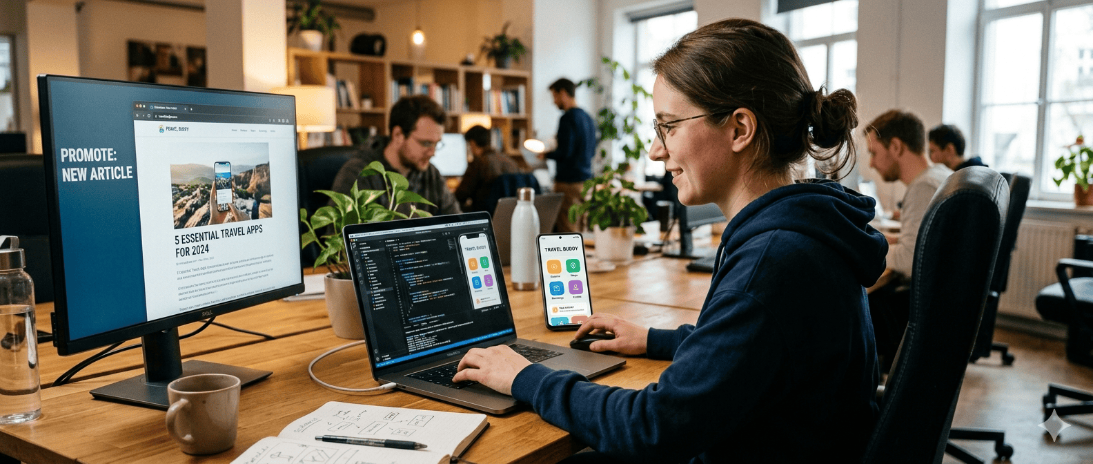 Team of developers working on travel app and website design.