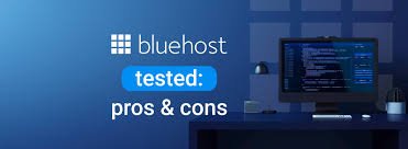 Bluehost review graphic with "tested: pros & cons" text overlay on a computer screen image.