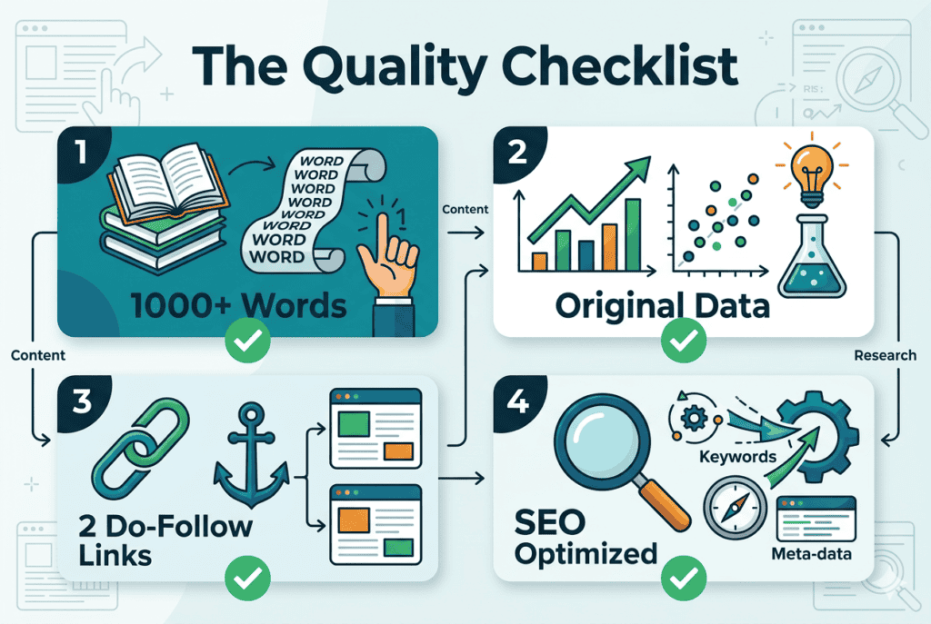 Quality checklist graphic: 1000+ words, original data, do-follow links, SEO optimized.
